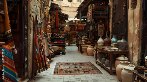 Colorful Fabric and Pottery in a Narrow Alleyway - Photo