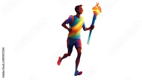 A runner carrying a torch and a France Flag colorful rainbow emerges from the fire of his torch in the Olympic 2024 PNG Transparent background