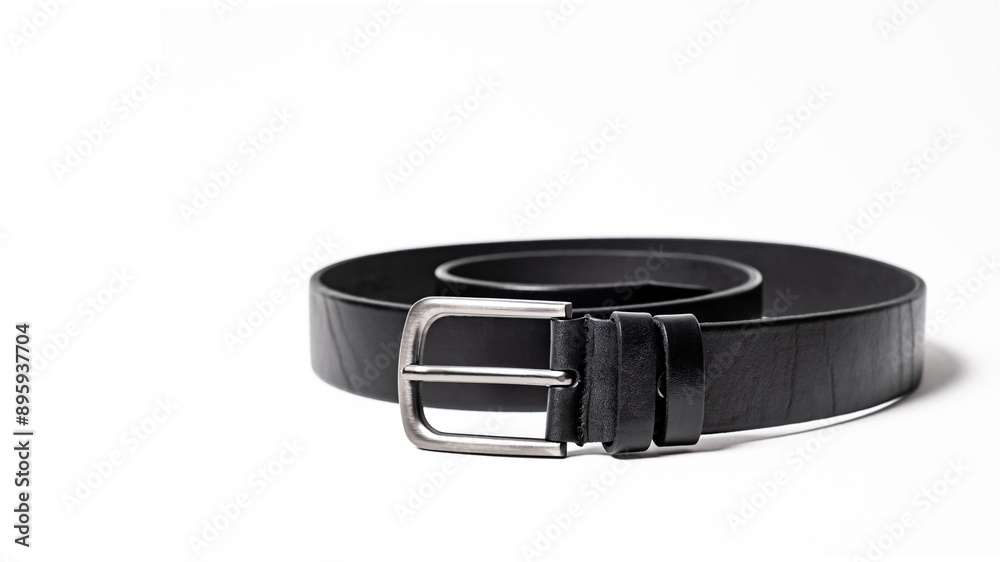 Twisted black leather belt with matted metal buckle isolated on white background. Fastened fashionable unisex, man or woman accessory for trousers, jeans, dress. Male luxury strap. Haberdashery goods Twisted black leather belt with matted metal buckle isolated on white background. Fastened fashionable unisex, man or woman accessory for trousers, jeans, dress. Male luxury strap. Haberdashery goods
