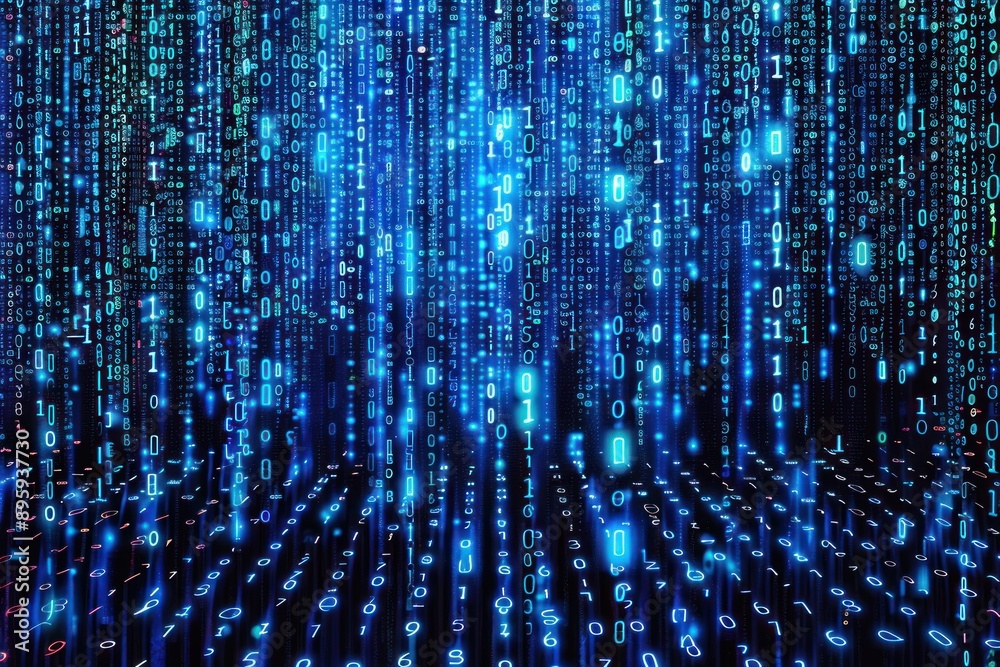 Pattern of blue binary code with glyphs, ones and zeroes, alien glyphs, matrix style, black background Pattern of blue binary code with glyphs, ones and zeroes, alien glyphs, matrix style, black background