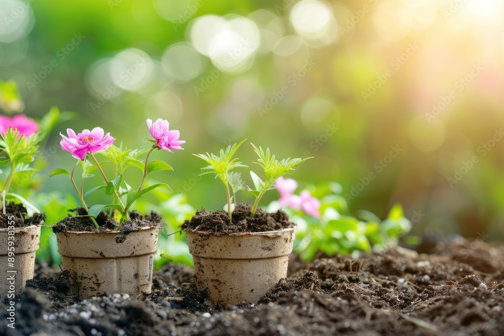Plants flowers for planting in the ground on the soil. Gardening concept Plants flowers for planting in the ground on the soil. Gardening concept