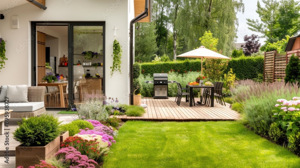 A modern patio dining set with four chairs and a square table is set up on a wooden deck overlooking a beautiful mountain view A modern patio dining set with four chairs and a square table is set up on a wooden deck overlooking a beautiful mountain view
