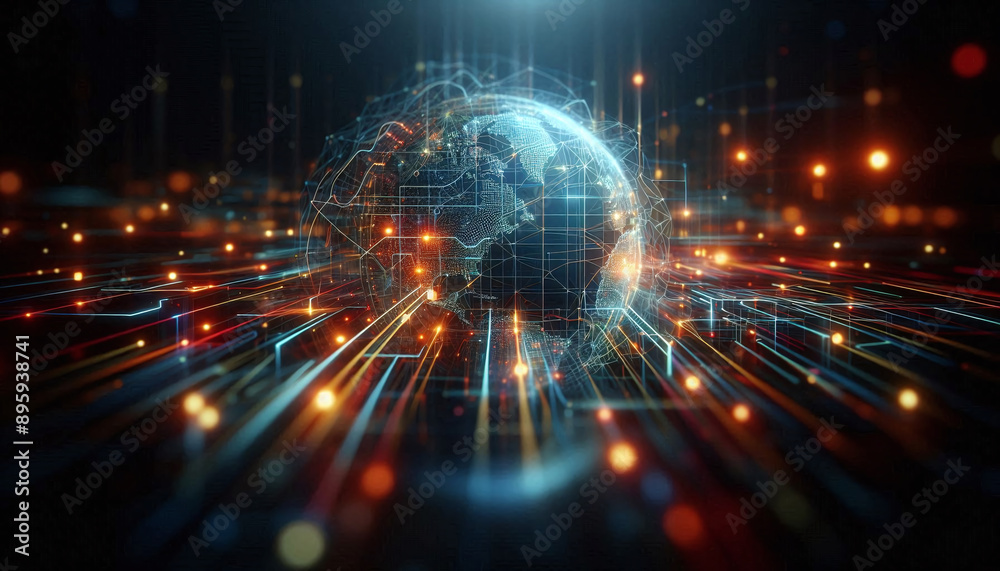 Fototapeta premium Abstract background from colored technological neon lines glowing in dark room