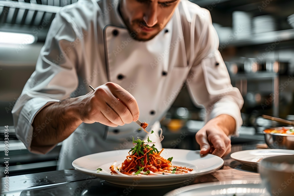 Chef Finishing a Dish in a Professional Kitchen Chef Finishing a Dish in a Professional Kitchen