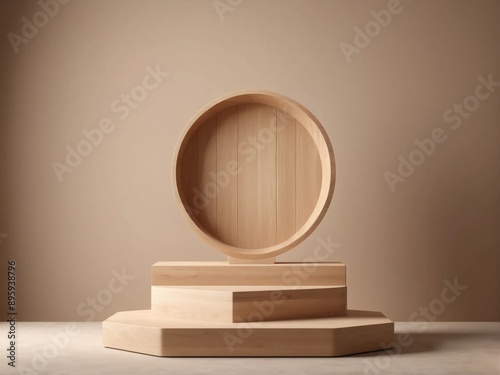 Minimalist eco-friendly product display podium with ample empty space, perfect for digital product placement in sustainable retail settings