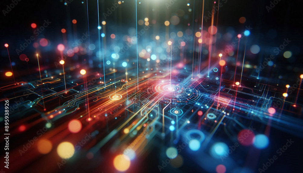 Abstract background from colored technological neon lines glowing in dark room Abstract background from colored technological neon lines glowing in dark room