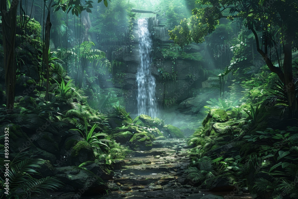 Lush rainforest with waterfall and mossy stones. Lush rainforest with waterfall and mossy stones.