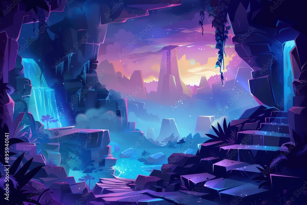 Mystical Glowing Cave with Waterfalls and Distant Mountains Mystical Glowing Cave with Waterfalls and Distant Mountains