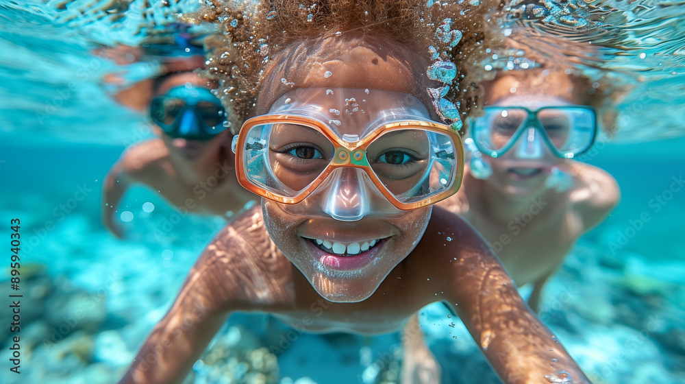 Naklejka premium Underwater portrait of happy children with snorkeling equipment