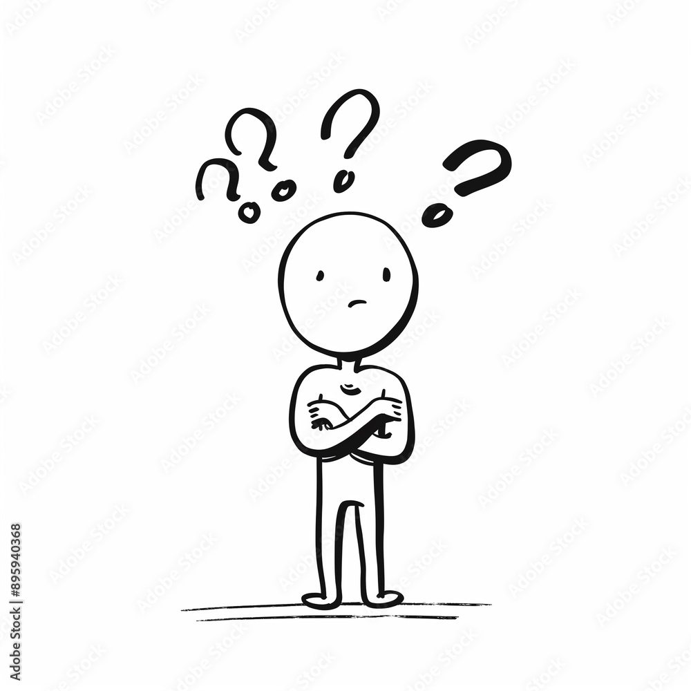 Vector illustration of a person with folded arms and question marks overhead, conveying deep thought and confusion. Perfect for decision-making concepts. Vector illustration of a person with folded arms and question marks overhead, conveying deep thought and confusion. Perfect for decision-making concepts.