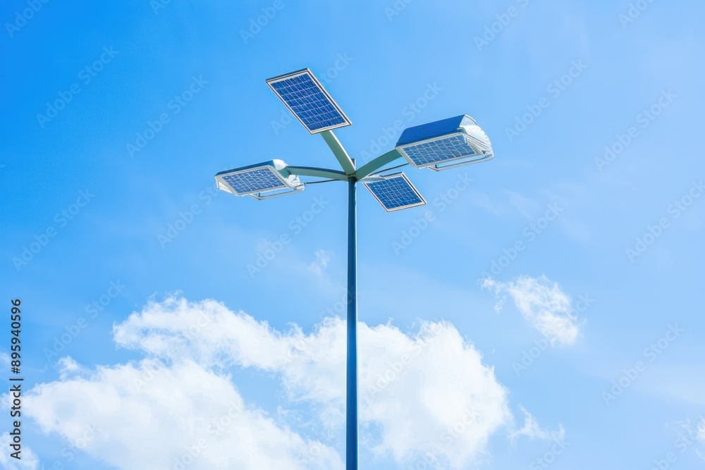 Solar street lamp, each street lamp is installed with two solar panels, blue sky, white background Solar street lamp, each street lamp is installed with two solar panels, blue sky, white background