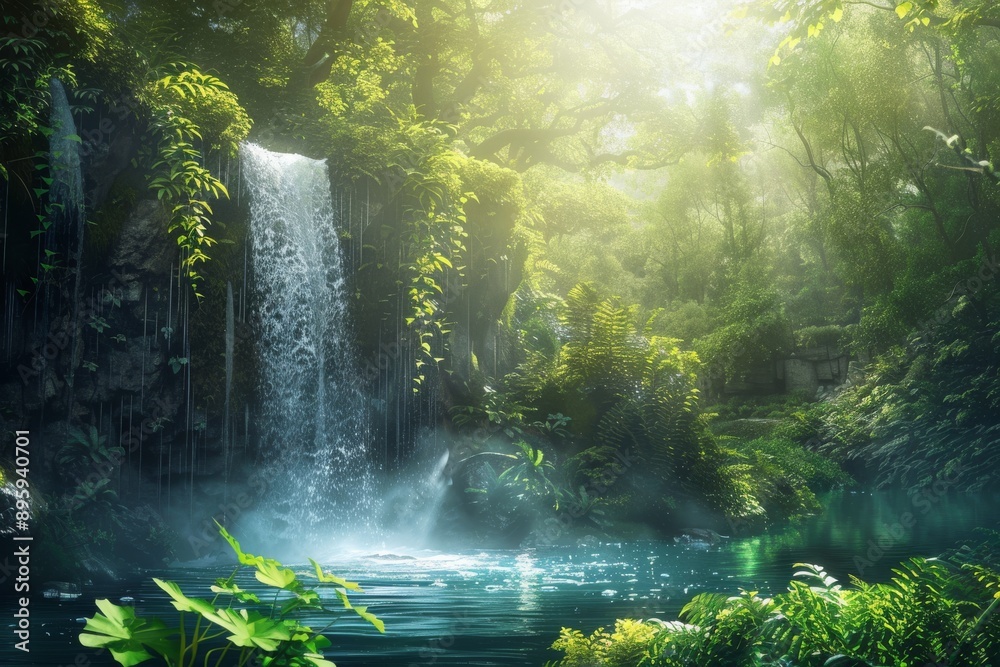 Obraz premium Tranquil Waterfall in a Lush Jungle.