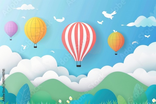 Hot air balloons, summer sky adventure, flat design illustration