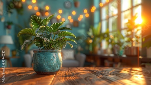 A potted plant sits on a wooden table in a bright room