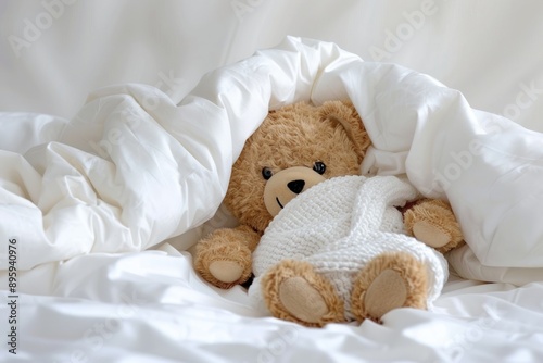 Teddy bear laying in white bed and feeling sick