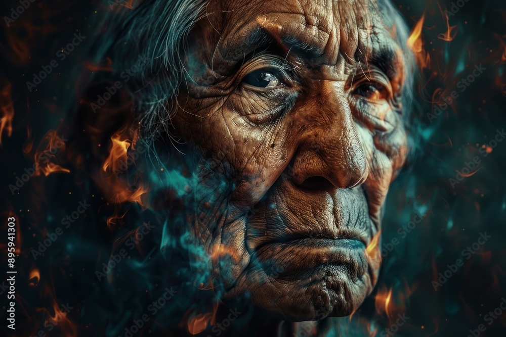 The portrait is of an old native american male on a dark background, using generative artificial intelligence The portrait is of an old native american male on a dark background, using generative artificial intelligence