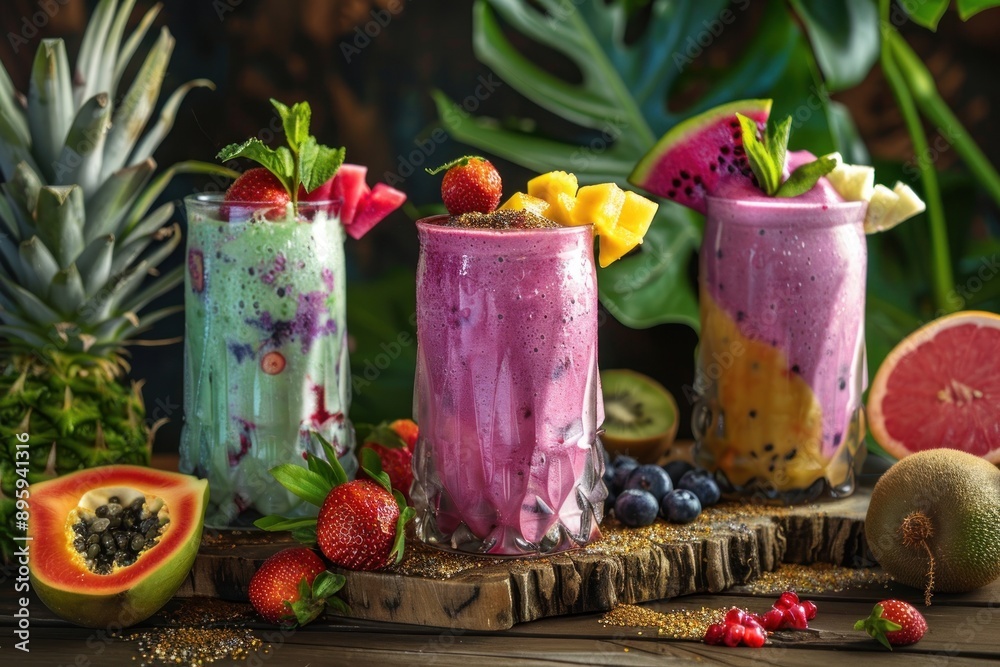 The set of colorful smoothies with exotic fruits The set of colorful smoothies with exotic fruits