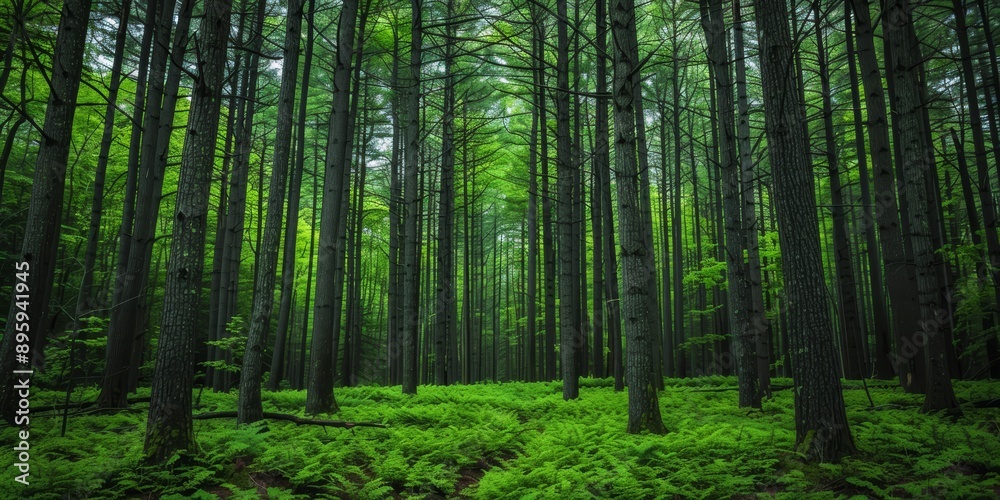 Dense forest with tall, straight trees and a lush green fern-covered forest floor Dense forest with tall, straight trees and a lush green fern-covered forest floor
