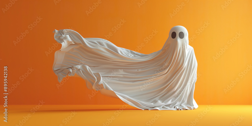 sheet ghost floating in the air on orange background for Halloween, studio shot sheet ghost floating in the air on orange background for Halloween, studio shot