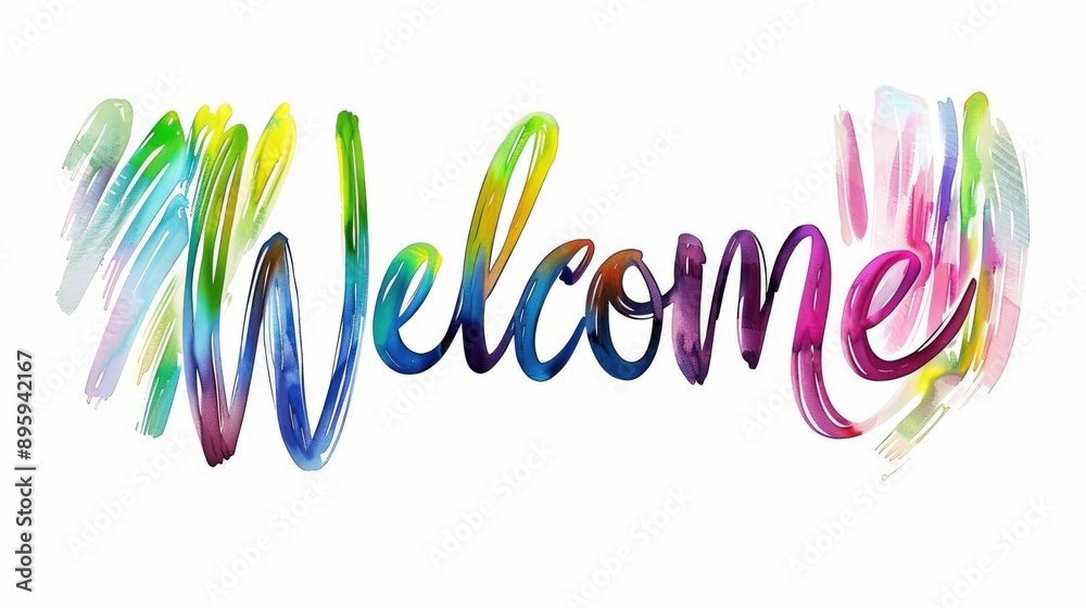 Obraz premium rainbow Welcome greeting text on white background with colorful waves and swirling lines, events, websites, greetings, hospitality industry and promotional materials