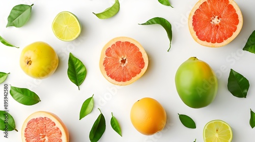 Sliced grapefruit with green leaves on a white background, emphasizing the fruit's refreshing and vibrant qualities.