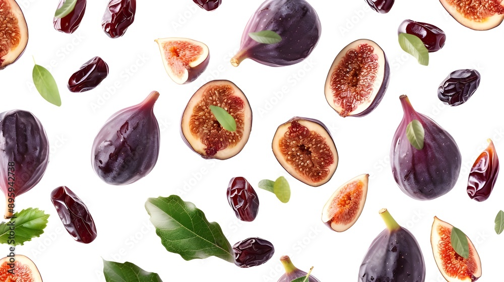 Fresh figs and dates with green leaves on a white background, highlighting the fruit's rich and nutritious qualities. Fresh figs and dates with green leaves on a white background, highlighting the fruit's rich and nutritious qualities.