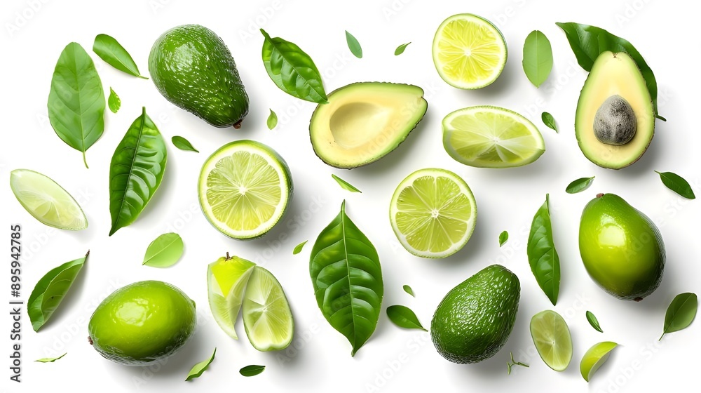 Avocados and limes with green leaves on a white background, showcasing a fresh and healthy fruit combination. Avocados and limes with green leaves on a white background, showcasing a fresh and healthy fruit combination.