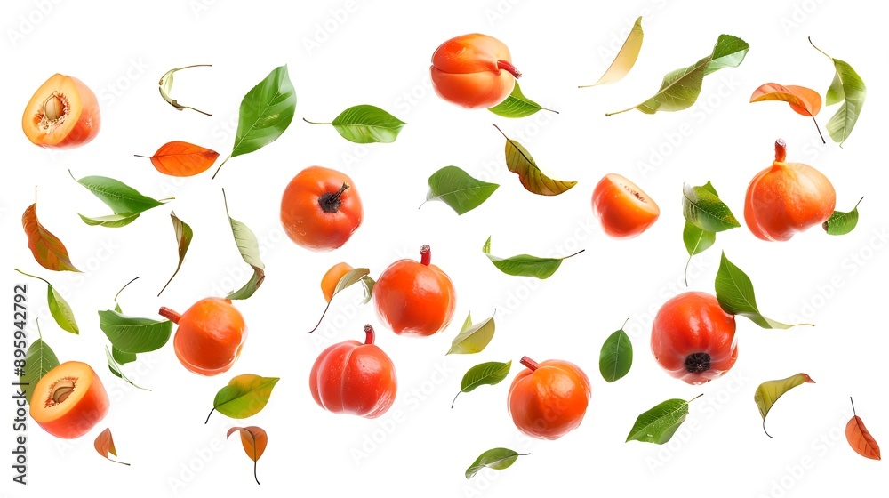 Ripe pomegranates and green leaves on a white background, emphasizing the fruit's bright and juicy quality. Ripe pomegranates and green leaves on a white background, emphasizing the fruit's bright and juicy quality.