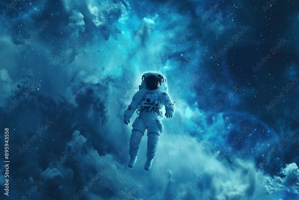 Fototapeta premium The astronaut floats weightlessly against backdrop of surreal blue clouds and starry space
