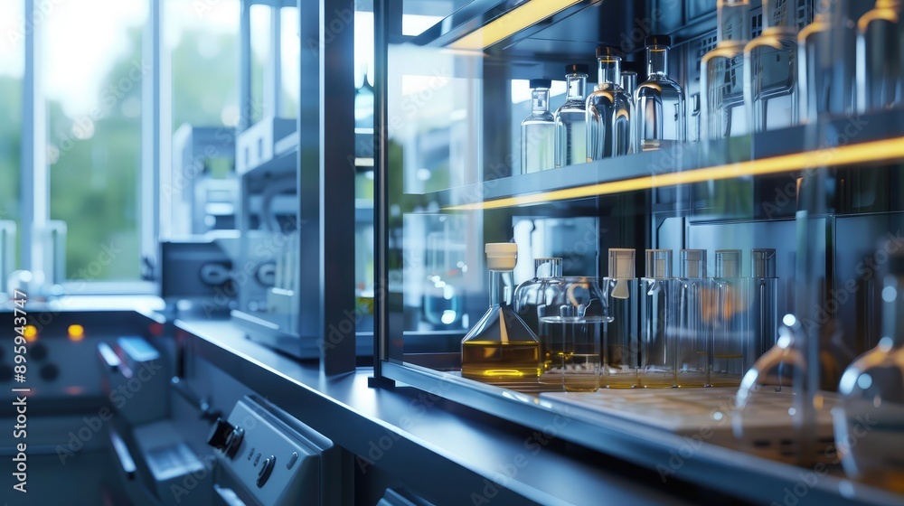 A detailed view of a laboratory fume hood with experiments set up inside. A detailed view of a laboratory fume hood with experiments set up inside.