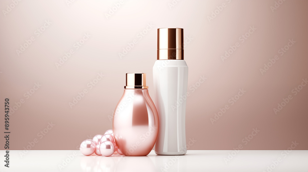 A pink perfume bottle and nail polish bottle with a floral design on a white backgroundA pink perfume bottle and nail polish bottle with a floral design on a white background