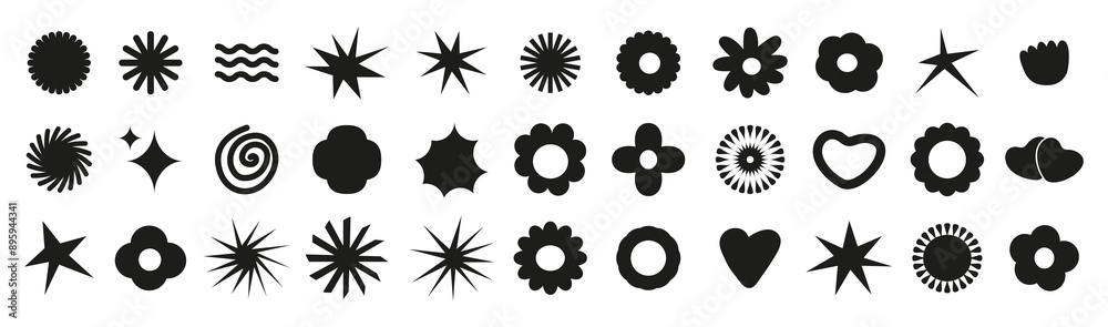 black flowers and shapes icons, including daisies, floral organic forms, clouds, stars, and other playful elements in a trendy brutal style. Perfect for adding a bold and unique touch to your designs, black flowers and shapes icons, including daisies, floral organic forms, clouds, stars, and other playful elements in a trendy brutal style. Perfect for adding a bold and unique touch to your designs,