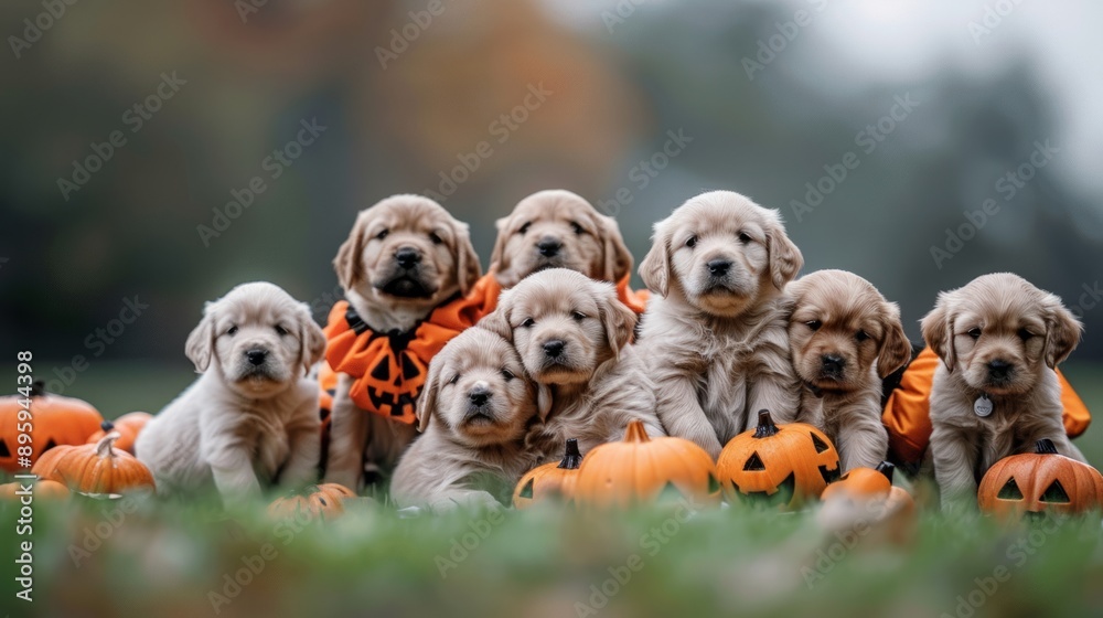 Nine adorable golden retriever puppies sitting in the grass surrounded by pumpkins with one puppy wearing a halloween costume. Nine adorable golden retriever puppies sitting in the grass surrounded by pumpkins with one puppy wearing a halloween costume.