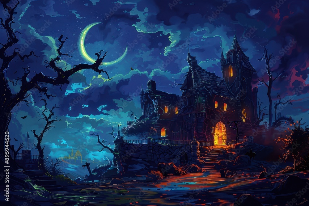 Haunted castle with glowing moon and creepy trees Haunted castle with glowing moon and creepy trees