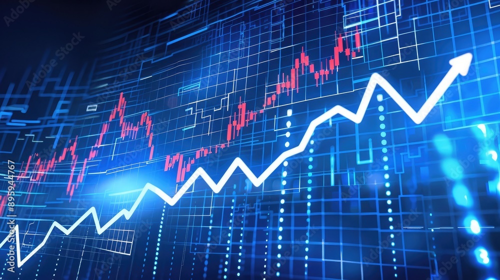 A digital representation of a rising stock market graph on a computer screen. A digital representation of a rising stock market graph on a computer screen.