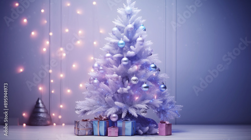 Festive Christmas tree surrounded by gifts and decorations for a cheerful holiday scene photo