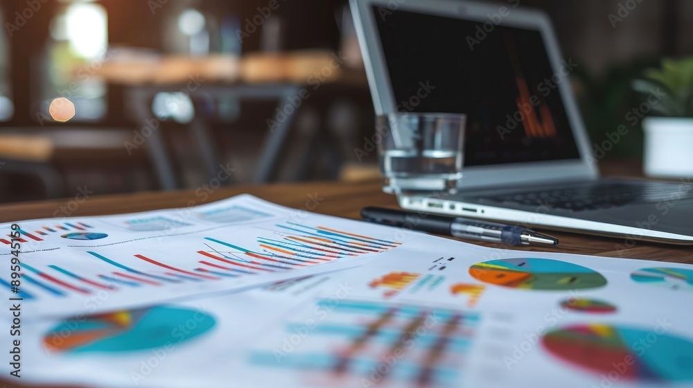 Fototapeta premium A close-up of a financial report with colorful graphs and charts, placed on a sleek office desk.