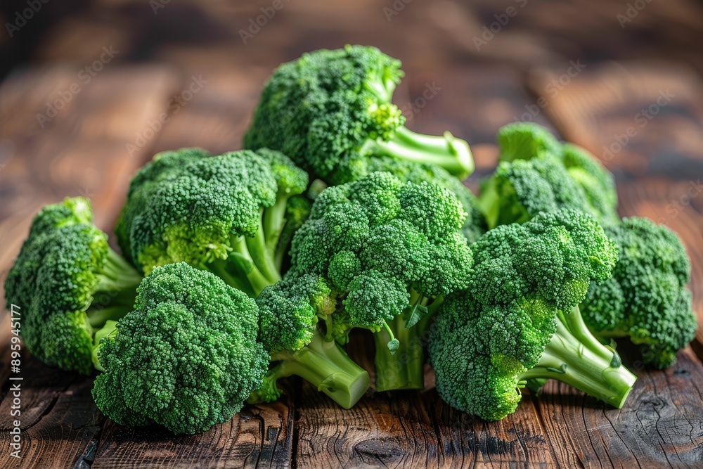 Fresh and healthy broccoli heads are placed on a rustic wooden surface Fresh and healthy broccoli heads are placed on a rustic wooden surface