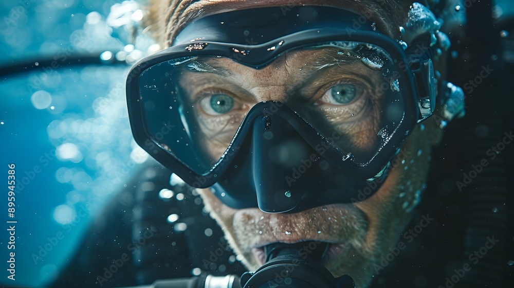 Blurred Underwater View of Senior Scuba Diver Exploring the Ocean Blurred Underwater View of Senior Scuba Diver Exploring the Ocean