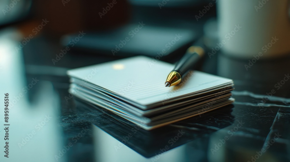 A close-up of a stack of business cards and a pen on a desk. A close-up of a stack of business cards and a pen on a desk.