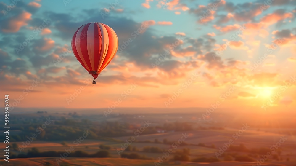 Fototapeta premium Vibrant Hot Air Balloon Silhouette Soaring Over Dramatic Sunset Landscape
