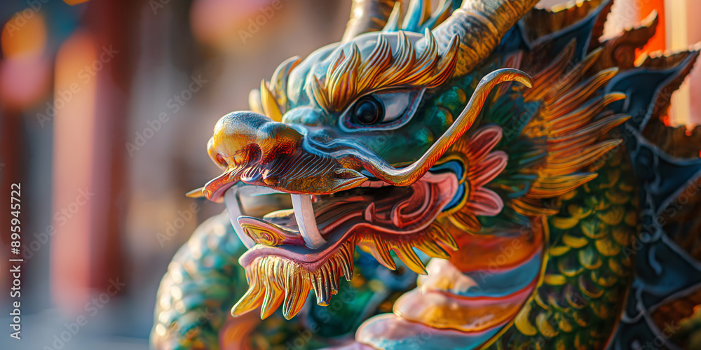 Colorful chinese dragon statue guarding a buddhist temple Colorful chinese dragon statue guarding a buddhist temple