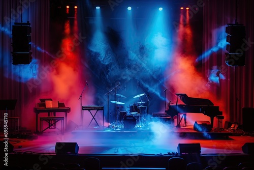 Stage with stage lights and spotlights in blue and red tone.