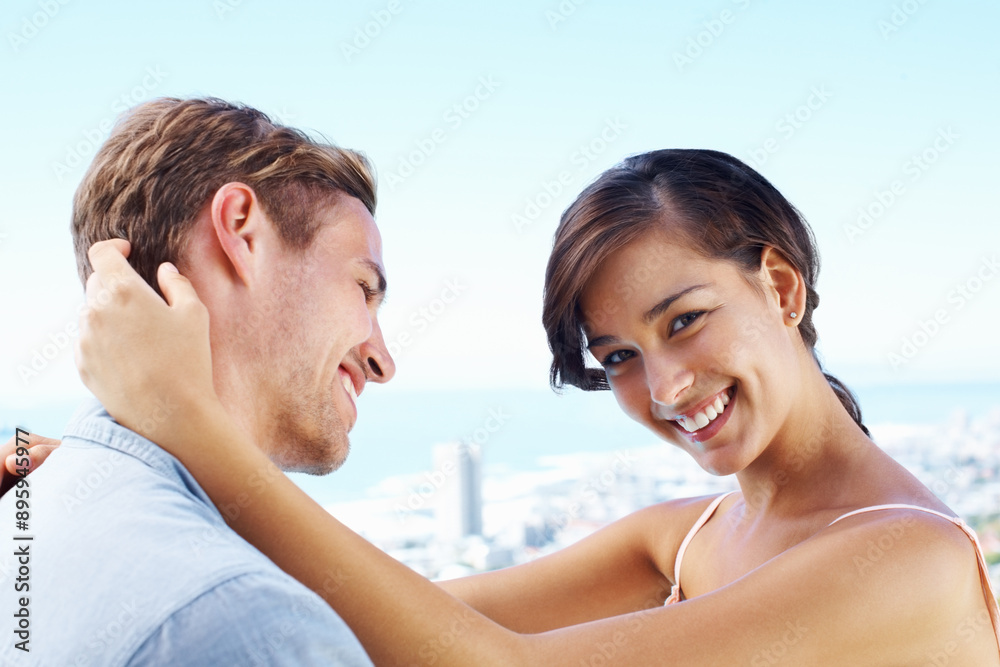 Rooftop, couple and smile with hug for bonding with love, trust and support in Spain. People, relationship and happy in outdoor for care on holiday or vacation for honeymoon, relax and break for fun Rooftop, couple and smile with hug for bonding with love, trust and support in Spain. People, relationship and happy in outdoor for care on holiday or vacation for honeymoon, relax and break for fun