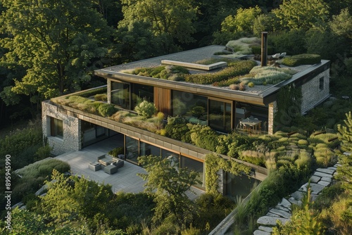 Modern house with green roof and patio. © Rekalawa