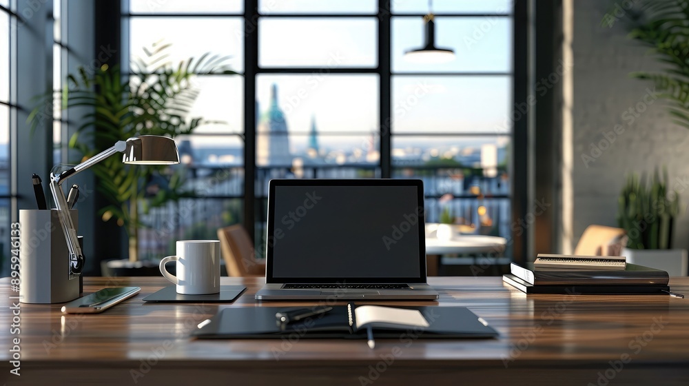 A desk with a laptop, notebook, and a cup of coffee in a modern office A desk with a laptop, notebook, and a cup of coffee in a modern office