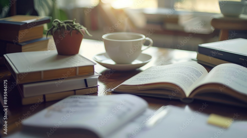 A desk with open books, financial reports, and a cup of coffee. A desk with open books, financial reports, and a cup of coffee.