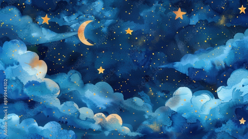 Obraz premium Enchanting Night Sky with Crescent Moon and Twinkling Stars