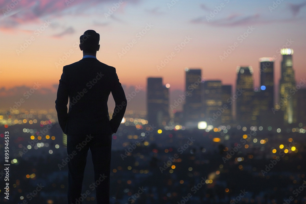 Businessman Overlooking City Skyline: Perfect For Leadership, Success, And Urban Corporate Concepts Businessman Overlooking City Skyline: Perfect For Leadership, Success, And Urban Corporate Concepts