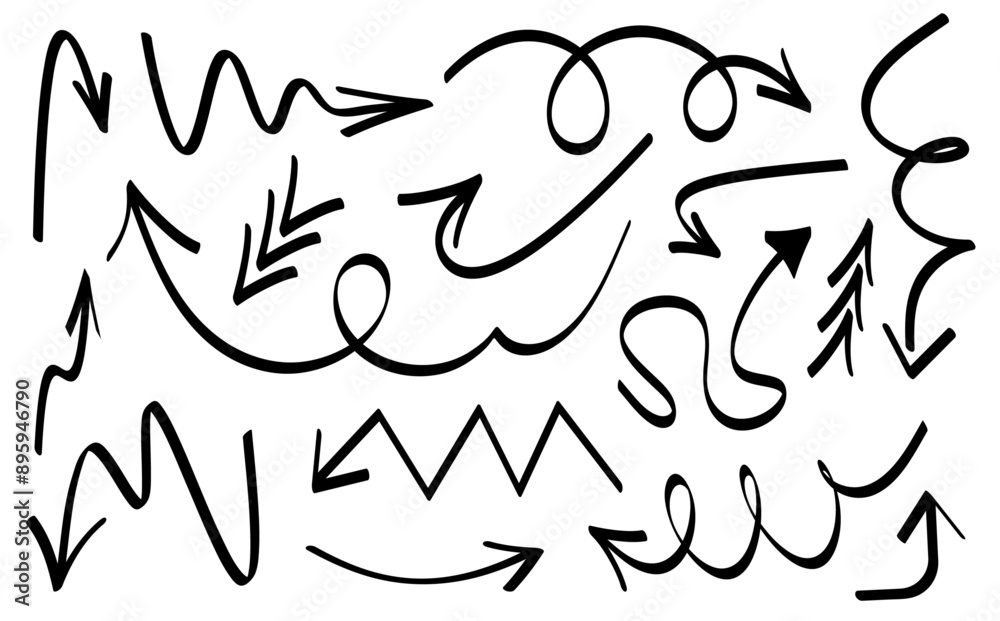 Fototapeta premium A diverse collection of hand-drawn arrows in various styles and shapes. Vector illustration.